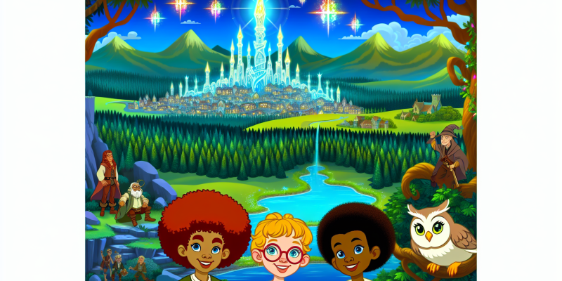 A vibrant fantasy scene depicting the village of Starryvale with rolling hills, sparkling stones, and a shimmering river. In the center, a tall tower houses the glowing Moonlight Gem, surrounded by joyful villagers. Three children—an adventurous boy with curly red hair, a clever girl with glasses, and a kind-hearted girl with a pet owl—are standing together, looking determined. In the background, the enchanting Glittering Forest and the entrance to the Shimmering Caves can be seen, with