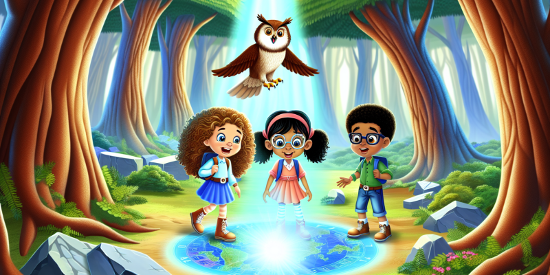 A whimsical illustration of three children—Zara with curly hair, Leo with glasses, and Mia with a ponytail—exploring a magical forest filled with tall, ancient trees. They are gathered around a glowing blue map, with a wise owl perched on a branch above them, and soft sunlight filtering through the leaves, creating a magical atmosphere.