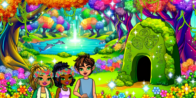 A vibrant fantasy landscape featuring a glowing forest with colorful flowers, three young friends (a boy with tousled hair, a girl with a flower crown, and another girl with a playful expression) standing in front of an ancient, moss-covered stone with strange symbols and a keyhole, surrounded by sparkling vines. In the background, a hidden cave entrance glows softly, and a family of dolphins can be seen in a crystal-clear cove nearby. The scene is bathed in warm sunlight, creating a