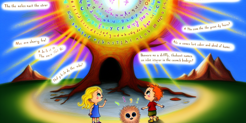 A whimsical illustration of a vibrant, glowing Name Tree in the heart of a sunny park, surrounded by three children: a girl with golden hair (Emily), a boy with a mischievous twinkle in his eye (Jasper), and a girl gazing at the stars (Luna). Nearby, a small, furry creature with big eyes (Nibble) stands beside them, pointing towards a dark cave in the distance, while colorful names float around the tree, shimmering in the sunlight. The