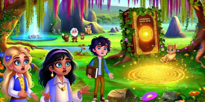 A whimsical illustration of three children—Luna with sparkling blue eyes, Jasper with a curious expression, and Mia holding a sketchbook—standing in a lush, enchanted forest. They are gathered around an ancient, golden-covered book half-buried in leaves, with a glowing stone circle and a majestic willow tree in the background. Magical creatures like a riddle-spouting owl and a talking squirrel are nearby, adding to the enchanting atmosphere. The scene is vibrant, filled with colorful flowers and dapple