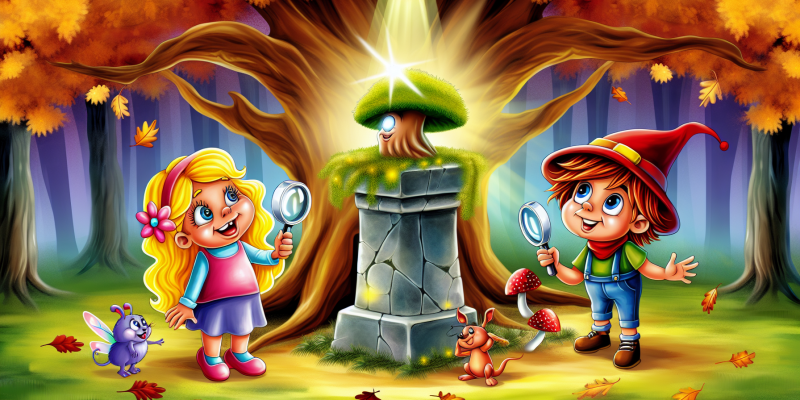 A whimsical illustration of three children—Linnea with bright hair and a sunny smile, Dex wearing a red cap and holding a magnifying glass, and Amelia daydreaming under a tall oak tree—standing in a magical forest clearing with a glowing Lumina Stone on a pedestal surrounded by soft, flickering lights and curious woodland creatures. The scene captures the essence of adventure and friendship, with autumn leaves gently falling around them.