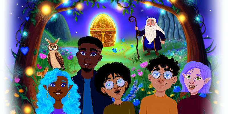 A whimsical illustration of four friends—Azura with bright blue hair, Finnian with a curious expression, Ollivander wearing glasses, and Liora surrounded by animals—standing in a vibrant Enchanted Glade filled with sparkling lights, blooming flowers, and a wise old owl perched on a branch. In the background, a shimmering golden chest is partially visible inside a dark cave, and the atmosphere is magical and inviting.