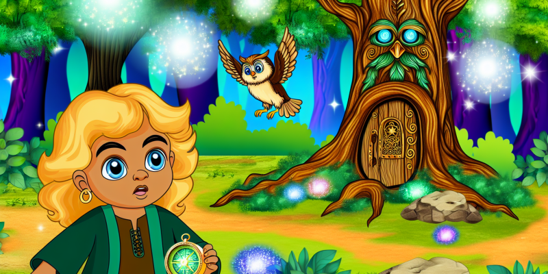 A whimsical forest clearing with a giant oak tree featuring a carved door, glowing leaves, and sparkling fairies flying around. In the foreground, a curious girl with golden hair and sky-blue eyes stands with a glowing compass in hand, accompanied by a wise, talking owl perched on her shoulder. The atmosphere is magical and vibrant, with hints of adventure and mystery in the air.