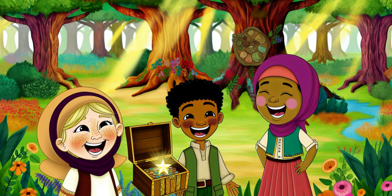 A vibrant illustration of three children—Thistle with freckles, Jaxon with a big smile, and Luna laughing—standing in front of the Ancient Oak tree in the Grand Whispering Woods. Sunlight filters through the leaves, casting colorful patterns on the ground. The children are gathered around a small, intricately carved wooden box, which is open to reveal a shimmering star-shaped crystal glowing warmly. The scene is filled with lush greenery, colorful flowers, and a hint of magic in the air.