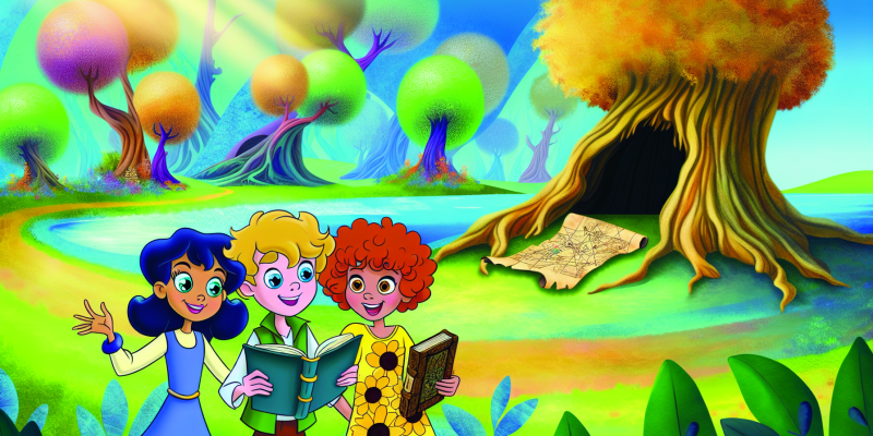 A vibrant illustration of three friends—Luna with sparkling blue eyes and a book, Jasper with curly red hair holding a map, and Poppy in a sunflower-yellow dress—standing in front of a large, ancient tree with a hollow trunk. Sunlight filters through the leaves, illuminating a tattered map they’ve just discovered. In the background, the enchanted forest with whimsical trees and a glimpse of Crystal Lake can be seen.