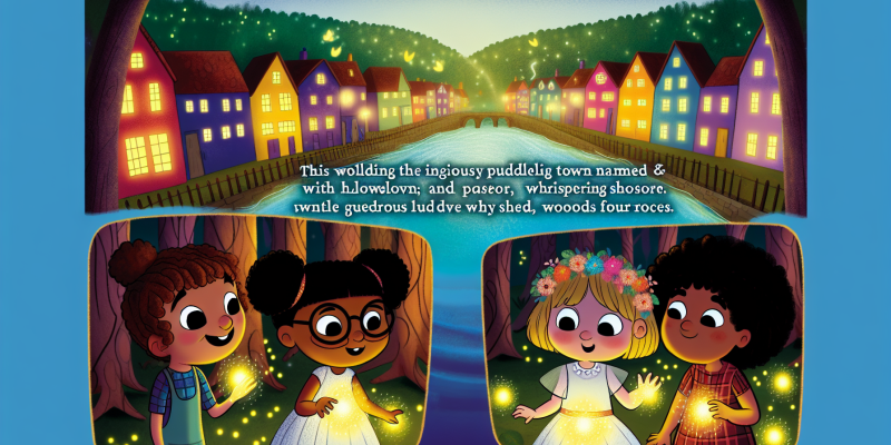 A whimsical illustration of a vibrant town called Puddlebrook, with colorful houses, a sparkling river, and the Whispering Woods in the background. In the foreground, three children—Elowen with curly hair, Jasper with glasses, and Marigold with a flower crown—are excitedly examining a glowing, starry stone under a canopy of twinkling fairy lights. Fireflies dance around them, and the trees seem to whisper secrets. The scene is filled with warmth and magic, capturing