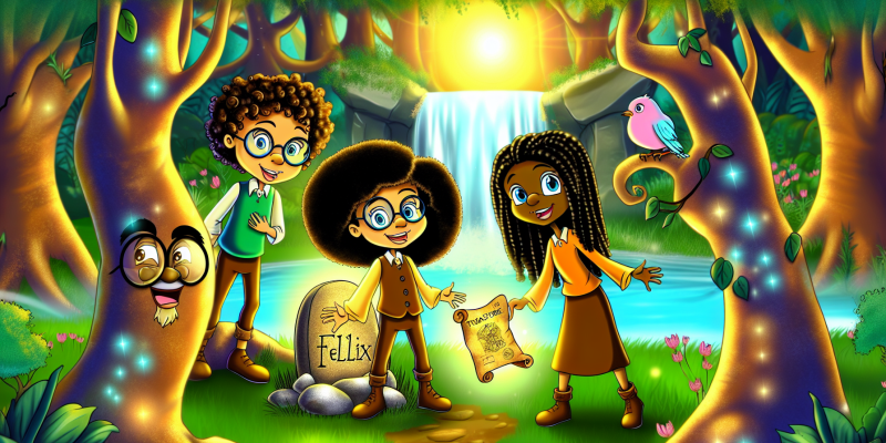 A whimsical illustration of three best friends—Lila with curly hair, Felix with glasses, and Zara with long braids—standing in a sun-dappled forest clearing. They are gathered around an ancient stone with a glowing treasure map in Lila's hands. The trees around them have faces, whispering secrets, and a nightingale sings from a nearby branch. In the background, a sparkling waterfall cascades into a crystal-clear pool, and the atmosphere is filled with a magical glow.