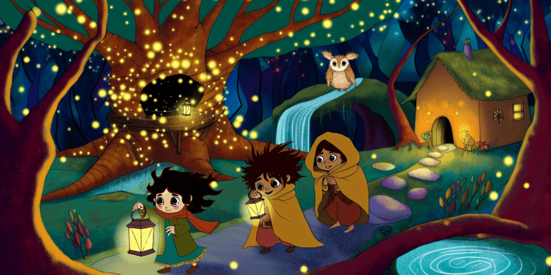 A cozy treehouse nestled in a glowing forest at twilight, with three friends: a girl with a lantern (Lumina), a boy with wind-swept hair (Zephyr), and a small creature with big eyes (Pippin) surrounded by sparkling trees and a waterfall leading to a mysterious cave entrance. In the background, a wise owl perched on a branch watches over them.