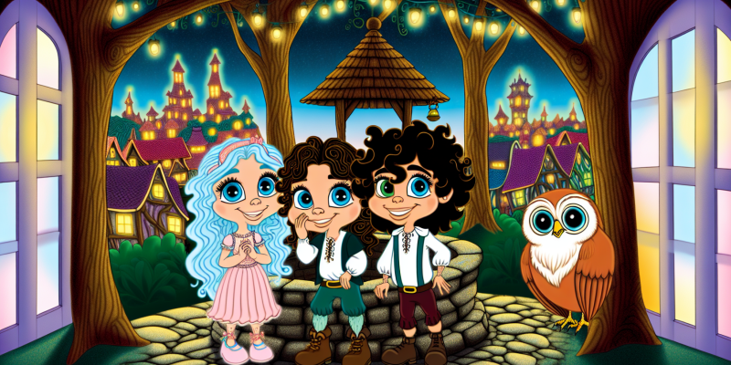 A whimsical illustration of three best friends—Luna with sky-blue eyes, Orion with dark curly hair, and Pippa with a cheerful smile—standing in front of the ancient Wishing Well of Wonders in the vibrant village of Dazzleton, surrounded by rainbow-colored rooftops and twinkling lights. In the background, the Enchanted Forest looms with glowing trees and magical creatures, while a wise old owl named Hoot watches from a branch. The scene is filled with a sense of