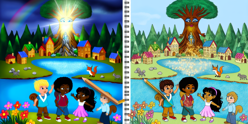 A vibrant, magical landscape featuring the village of Lumina with colorful houses, a sparkling river, and lush Whispering Woods. In the foreground, four diverse children (Zara with glowing light, Milo creating a gentle breeze, Lila talking to a friendly squirrel, and Jasper touching a plant that’s blooming) stand by a shimmering pond, surrounded by singing flowers and playful animals, under a bright blue sky. In the background, the majestic Great Tree stands tall, radiating a warm golden light.