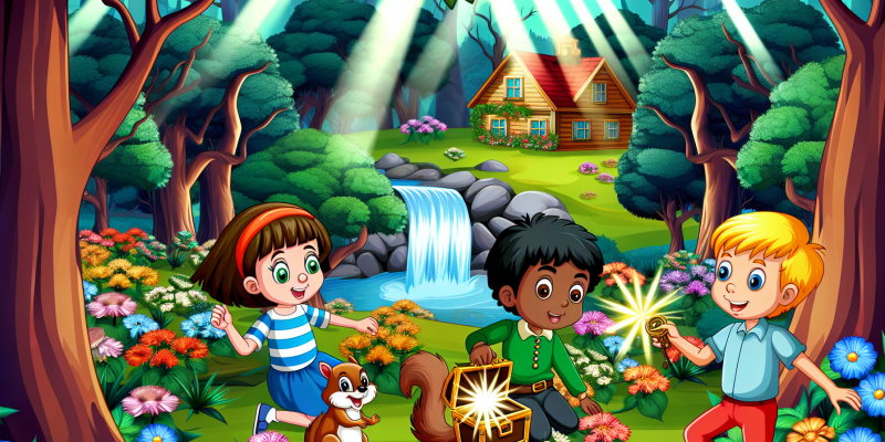 A vibrant forest scene in Whispering Pines, featuring three children: Oliver with a friendly squirrel, Clara surrounded by blooming flowers, and Jasper holding a compass near a sparkling waterfall. In the background, a cozy cottage can be seen, with Grandma Elowen watching proudly. The atmosphere is magical, with sunlight filtering through the trees and a glowing chest hidden behind the waterfall.