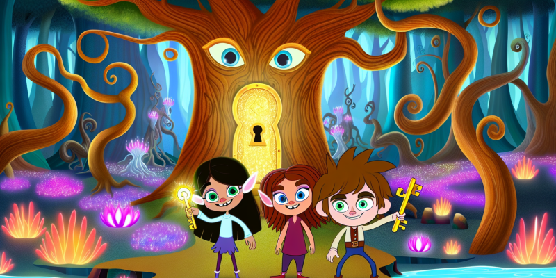 A whimsical illustration of three friends—Luna with long flowing hair, Felix with a mischievous grin, and Zara with bright, curious eyes—standing in front of a giant oak tree with a tiny, keyhole-shaped door at its base. The Enchanted Forest surrounds them, filled with tall, twisted trees, glowing flowers, and sparkling streams. A golden key glimmers in Luna's hand, while magical creatures like talking squirrels and singing flowers peek from behind the trees. The scene is