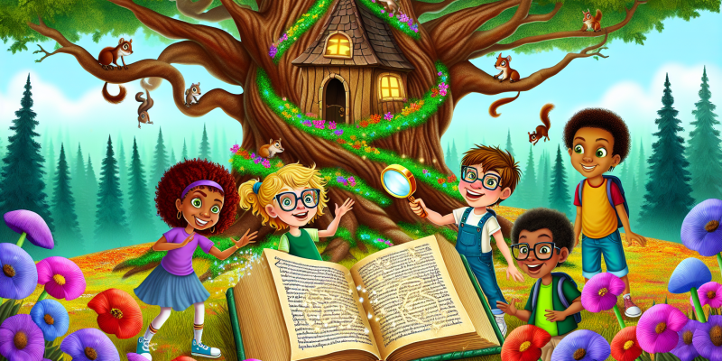 A whimsical treehouse nestled in a large tree, surrounded by colorful flowers and playful squirrels. Four children—Luna with curly red hair and glasses, Max tall and adventurous, Ellie with a bright smile, and Oliver holding a magnifying glass—are gathered around an ancient, open book titled "The Great Name Encyclopedia," with glowing names floating above them. In the background, a majestic Whispering Oak tree stands, its branches swaying gently, hinting at a magical forest beyond.