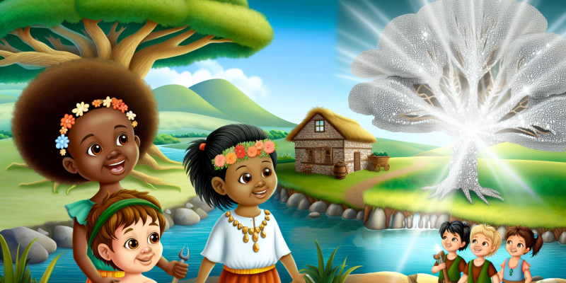 A whimsical village in a lush, vibrant landscape, featuring rolling hills, a sparkling lake, and a cozy cottage by a crystal-clear stream. In the foreground, a curious little girl with wild hair and a flower crown, accompanied by a calm girl with a gentle smile and a mischievous boy holding tools, stand in front of a grand, ancient tree with silver leaves that seem to whisper in the wind. Sunlight filters through the branches, illuminating a glowing crystal gem nestled in a treasure chest at