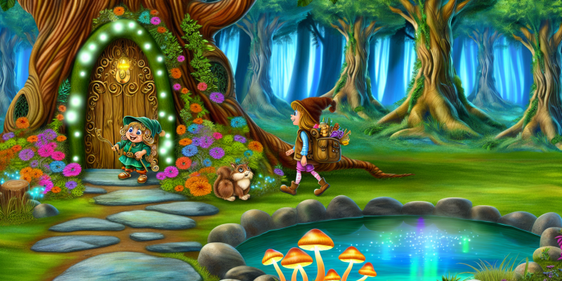 A whimsical illustration of a little girl named Tilly and her best friend Jasper, standing at the entrance of a magical forest called the Whispering Woods. The trees are tall and lush, with vibrant flowers at their feet. In the foreground, a sparkling pond reflects the sunlight, and an ancient oak tree with a carved door stands majestically nearby. Tilly is holding a backpack filled with snacks, while Jasper has a magnifying glass in hand, both looking excited and curious. Glowing mushrooms line a