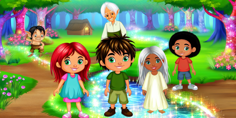 A whimsical illustration of three children—Poppy with bright red hair, Finn with tousled brown hair, and Luna with long silver hair—standing by a sparkling brook in a lush, enchanted forest. The brook is clear and shimmering, surrounded by vibrant flowers and glowing mist. In the background, a wise old woman in a cozy cottage can be seen, and mischievous sprites peek from behind the trees, adding a touch of magic to the scene. The atmosphere is bright and inviting, filled with