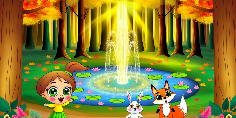 A whimsical forest clearing bathed in golden sunlight, featuring a sparkling fountain surrounded by singing lily pads. In the foreground, a bright-eyed girl with hazel eyes, a clever fox, and a kind-hearted rabbit stand together, looking excited. The trees are tall and glowing with an otherworldly light, and colorful autumn leaves swirl gently in the air.