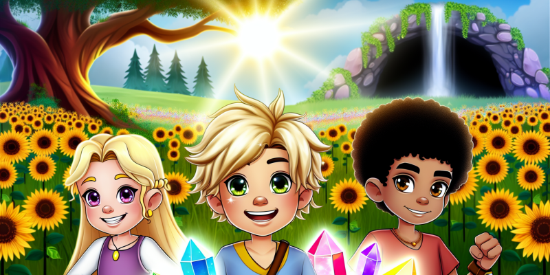 A vibrant illustration of three children—Liora with golden hair and a bright smile, Zephyr with tousled hair and a playful expression, and Niko with a determined look—standing in a sunlit meadow filled with sunflowers. In the background, a majestic oak tree and a mysterious forest can be seen, while a shimmering cave entrance glows nearby. The scene captures a sense of adventure and friendship, with colorful crystals sparkling in the foreground.