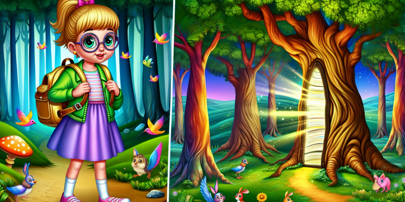 A young girl with bright, twinkling eyes and a backpack stands at the edge of a mystical forest, the Whispering Woods. Tall, ancient trees with dappled sunlight filtering through their leaves surround her. In the foreground, a curious door at the base of a grand oak tree is slightly ajar, with glowing pages of a book visible inside. Colorful birds and playful rabbits can be seen nearby, creating a magical atmosphere filled with wonder and adventure.