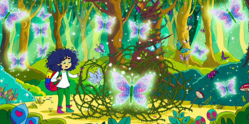 A vibrant, enchanted forest with towering trees and shimmering leaves, where a young girl with curly hair and a colorful backpack gently frees a tiny fairy with lavender wings caught in brambles. Sunlight filters through the canopy, illuminating butterflies made of sapphire and emerald, and magical creatures peeking from behind the trees, creating a whimsical and enchanting atmosphere.