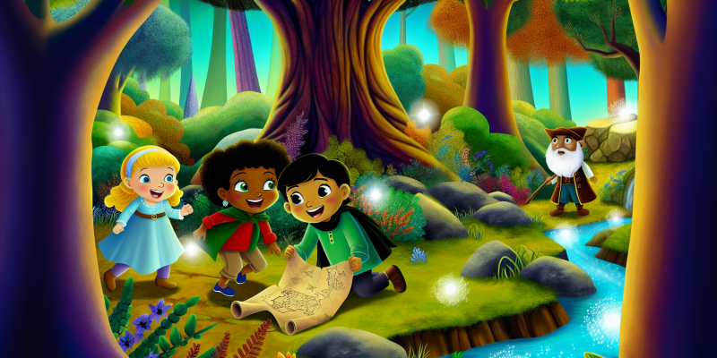 A whimsical illustration of three children—Penelope, Oliver, and Mia—exploring a vibrant, enchanted forest filled with towering trees, sparkling streams, and a mysterious old oak tree. They are excitedly digging under the oak, with a faded treasure map in Penelope's hand and a mischievous squirrel, Mr. Nutters, watching them. Sunlight filters through the leaves, creating a magical atmosphere.