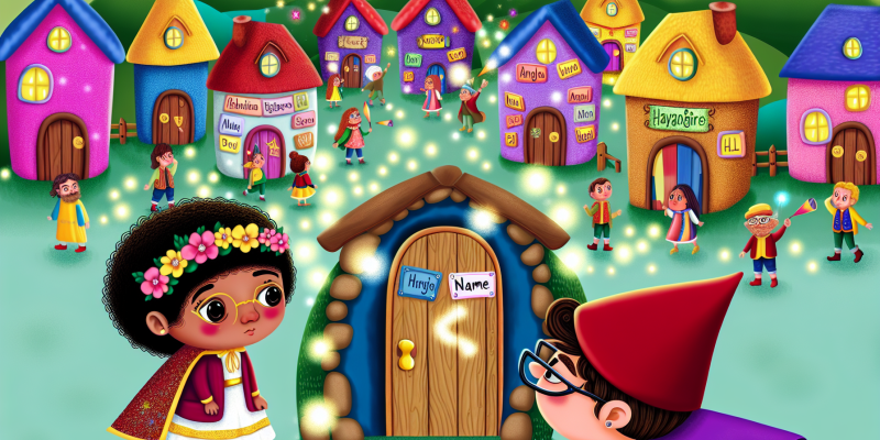 A whimsical village scene with colorful houses, each adorned with unique name signs. In the foreground, a young girl with curly hair and a flower crown (Zara Zinnia) and a boy with glasses (Ari Aster) are peering through a tiny door at the base of a bookshelf, surrounded by floating letters and magical sparkles. In the background, villagers celebrate with banners and decorations for the Name Festival, while a small, mischievous gnome juggles letters nearby,