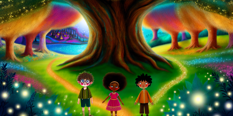 A whimsical illustration of three children—Poppy with curly hair and a bright dress, Oliver with glasses and a thoughtful expression, and Lily with long hair and a warm smile—standing beneath a massive, ancient oak tree in a vibrant forest. Sunlight filters through the leaves, casting dappled shadows on the ground. In the background, a winding path leads into the enchanting Whispering Woods, with hints of sparkling rivers and a distant village. The scene is filled with magical elements, like glowing names