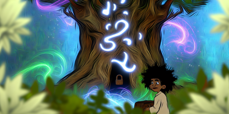 A whimsical forest scene featuring a large, twisted oak tree with glowing symbols etched into its bark. In the foreground, a curious boy with curly black hair and a girl with bright red pigtails are kneeling by the tree, examining a hidden latch at its base. Soft, ethereal light filters through the leaves, illuminating the magical atmosphere, while faint, swirling whispers are depicted as colorful, wispy trails around the tree.