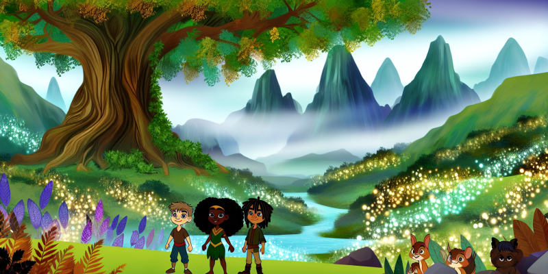 A vibrant, magical valley with a large, ancient tree at its center, its leaves glowing in shades of green and gold. Three children—one with flowing hair and a gentle breeze around her, another radiating light, and the third communicating with forest animals—stand together, looking determined. In the background, misty mountains and a sparkling river can be seen, with whimsical creatures peeking from behind trees in an enchanted forest. The scene is filled with a sense of wonder and adventure.