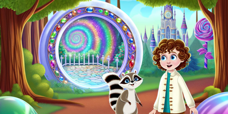 A whimsical scene depicting a curious girl with curly brown hair and bright blue eyes, standing in front of a shimmering, colorful portal nestled between trees. Beside her is a playful raccoon with a striped tail, both gazing in awe at the vibrant, magical land of Enchantia, filled with candy-cane trees, sparkling rivers, and a large ancient clock tower adorned with colorful gemstones. In the background, a wise old tortoise wearing spectacles watches with a gentle smile.