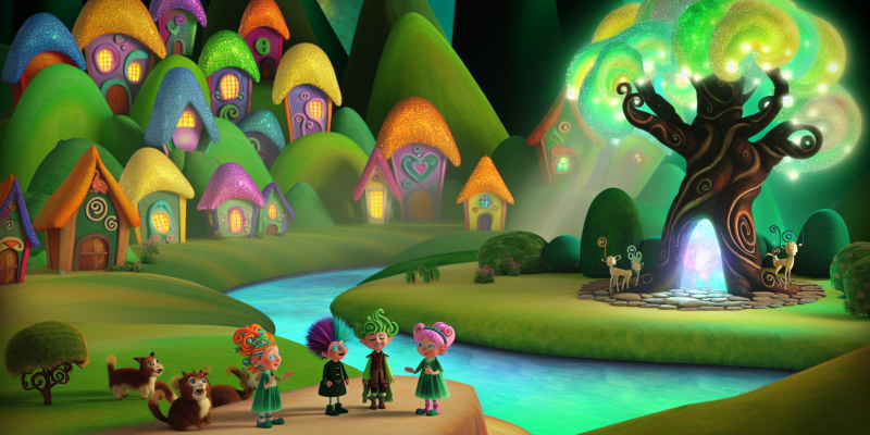 A whimsical village called Nametopia with colorful houses, surrounded by rolling hills and a sparkling river. In the center, a magnificent Enchanted Name Tree with shimmering emerald leaves and glowing bark stands in a hidden glade. Three children—an adventurous girl with bright hair, a clever boy with glasses, and a gentle girl with animals around her—are gathered around the tree, listening intently as it speaks. The atmosphere is magical, filled with soft beams of light and vibrant colors.