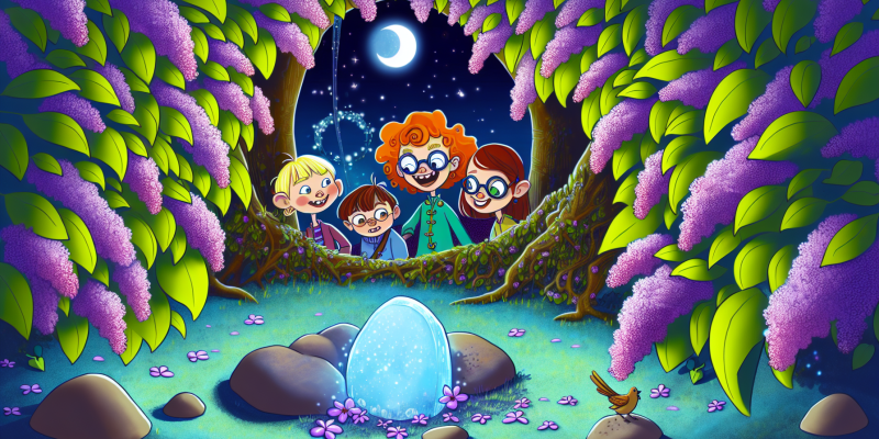 A whimsical garden filled with vibrant lilac flowers under a moonlit sky, three adventurous children—one with bright red hair, one with glasses, and one with a playful expression—gathering around a shimmering blue moonstone at the base of a large lilac bush, while a tiny bird flutters nearby, and the soft glow of the moon casts enchanting shadows.