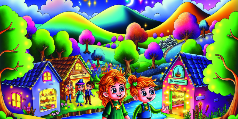 A whimsical scene in a vibrant town with rolling hills and sparkling streams, featuring three children: a girl with a star-shaped pendant, a boy with a musical note pendant, and a girl with a paintbrush pendant. They stand in front of a charming shop called "The Nameless Nook," surrounded by glowing trees, a humming stone, and a colorful river. The atmosphere is magical, with bright colors and enchanting details, capturing the essence of adventure and friendship.