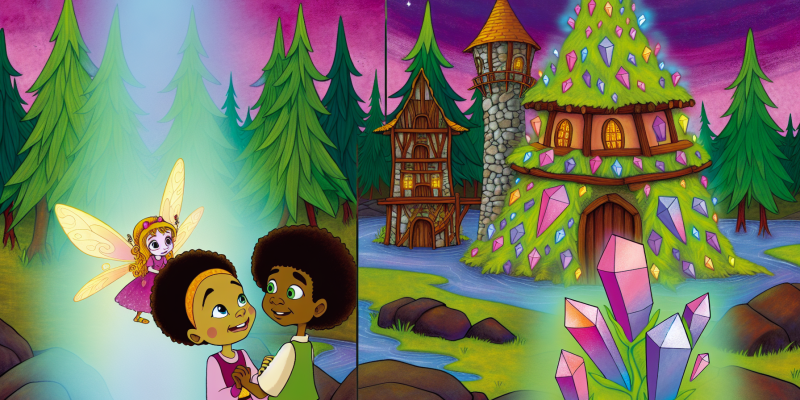 A whimsical scene of a colorful village called Lumino, nestled between lush green woods and a sparkling river. In the foreground, two curious children, a boy with bright eyes and a girl with flowing hair, stand in front of an old, tall lighthouse made of stone and wood. The lighthouse is adorned with shimmering crystals that reflect sunlight in a dazzling array of colors. A small, radiant fairy with delicate wings flutters nearby, surrounded by a warm glow. The sky is painted in hues of pink and