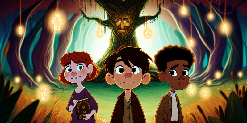 A whimsical illustration of three children—Ansel with short brown hair, Eulalie with bright red hair, and Jasper with a sketchbook—standing in a magical glade surrounded by towering, ancient trees. In the center, a majestic old oak tree with glowing orbs representing names hanging from its branches. The atmosphere is enchanting, with soft light filtering through the leaves and a hint of mystery in the air. The children are looking determined and curious, ready to embark on their adventure.