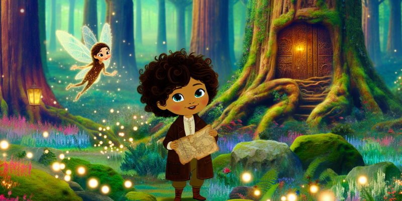 A young girl with curly brown hair and bright blue eyes, standing at the entrance of a lush, enchanted forest with towering trees and vibrant wildflowers. She holds a faded map in one hand and looks curiously at a large ancient oak tree with a carved door. Soft, glowing lights and a small, luminous creature with dragonfly wings hover nearby, illuminating the scene with a magical glow.