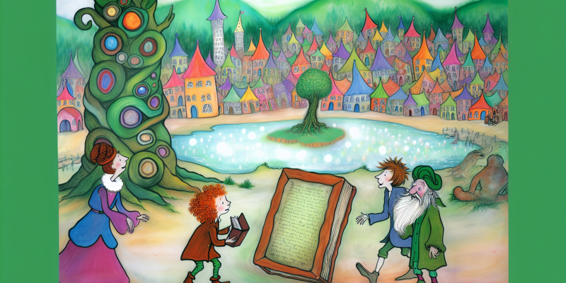 A vibrant, whimsical illustration of a colorful town with quirky houses, nestled between a sparkling lake and a lush, enchanted forest. In the foreground, three adventurous children—one with curly chestnut hair, one with a book in hand, and one climbing a tree—discover an ancient, dusty map. The background features a clear pond with a crystal tree on a small island, surrounded by tall, whispering trees. The scene is filled with a sense of magic and curiosity.