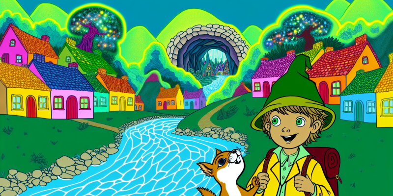 A whimsical illustration of a vibrant village called Fuzzlebrook, with colorful houses and lush green hills in the background. In the foreground, a curious little girl named Lila, wearing an explorer's hat, stands by a shimmering river, holding a map. Beside her, a cheeky squirrel named Rufus looks up at her with wide eyes. In the distance, the entrance to the Enchanted Woods is visible, with magical lights hinting at the presence of Name Goblins inside a cave