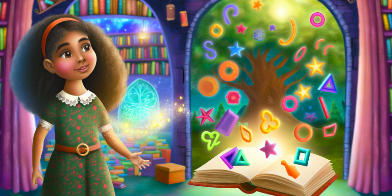 A whimsical illustration of a young girl with curly hair, standing in a vibrant library filled with towering bookshelves and a magical tree with glowing leaves. In the background, colorful letters A, B, C, and Z are playfully interacting, while a shimmering book titled "The Enchanted Alphabet" floats in the air, radiating light. The scene is filled with warmth and a sense of adventure, with hints of the fantastical Land of Alphabeta visible through an open portal in the library