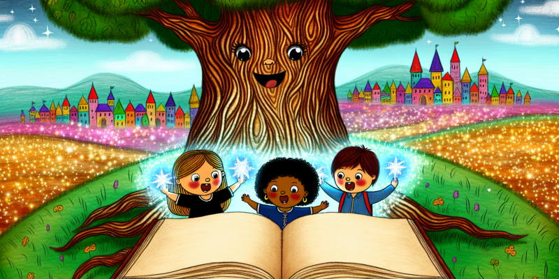 A whimsical illustration of three children—Avery, Ezra, and Isla—sitting under a large, ancient oak tree with shimmering letter carvings on the trunk. They are excitedly gathered around an open, glowing book titled "The Enchanted Alphabet," with colorful letters floating in the air above them. In the background, the vibrant town of Letterville is visible, with rainbow-colored houses and a sparkling river. The scene is filled with a sense of magic and adventure, with hints of kindness