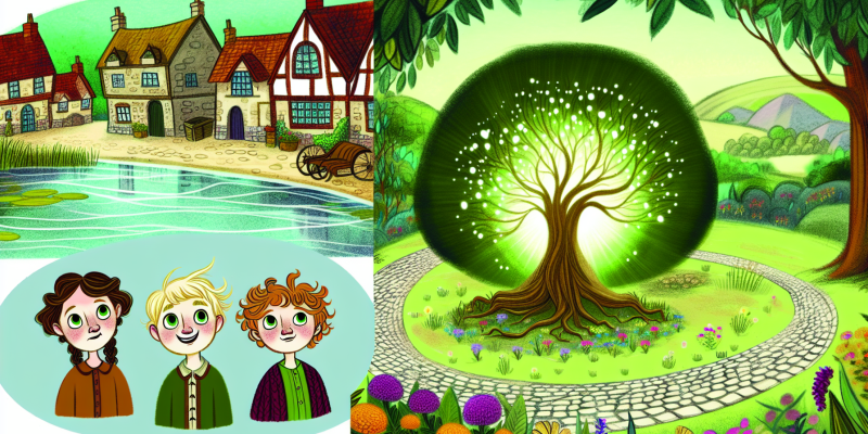 A whimsical illustration of a quaint village named Willowbrook, with cobblestone paths, blooming marigolds, and a shimmering river. In the foreground, three children—Lilybeth with gentle features and bright eyes, Jasper with wild hair and an adventurous expression, and Zephyr with a thoughtful demeanor—stand at the edge of a magical glade. In the center of the glade, a magnificent ancient tree with glowing names carved into its bark, surrounded by lush greenery and dappled sunlight