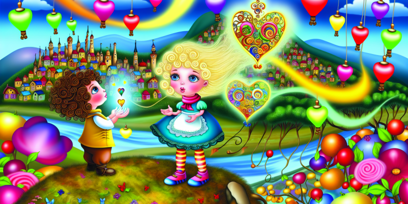 A whimsical illustration of a curious little girl named Clara and her best friend Oliver, standing on the summit of Whistlewind Hill. They are gazing at a small, ornate heart-shaped crystal glowing in Clara's hands, surrounded by swirling, colorful winds. The background features the vibrant town of Luminara with colorful lanterns, lush orchards, and the shimmering Lake Glimmer under a bright blue sky.