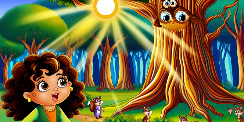 A whimsical illustration of a curious little girl with curly chestnut hair and sparkling eyes, standing in a sunlit clearing of the Whispering Woods. She is gazing in awe at a magnificent ancient tree with glowing bark, surrounded by golden rays of sunlight. A wise owl perched on a branch above her, and playful chipmunks peek out from the bushes. The scene is filled with vibrant autumn colors, and the trees seem to whisper secrets in the gentle breeze.