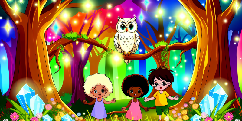 A vibrant, enchanted forest with sunlight filtering through tall, colorful trees. In the foreground, three children: a boy with wind-swept hair, a girl glowing softly with light, and another girl surrounded by blooming flowers. They stand in front of a majestic, ancient owl perched on a branch, with shimmering stones glowing in the background. The atmosphere is magical and whimsical, filled with sparkling dust and playful animals.