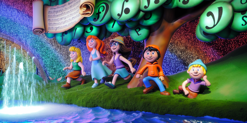 A vibrant, whimsical illustration of four friends standing together by a sparkling river in a magical village. The characters are: a brave girl with flowing hair named Aurora, a swift boy with a playful grin named Zephyr, a wise girl with glasses named Juno, and a lucky boy with a charming smile named Felix. They are holding an ancient scroll, surrounded by colorful trees with letters and punctuation marks, and a shimmering fountain in the background that glows with rainbow colors. The scene captures a sense of