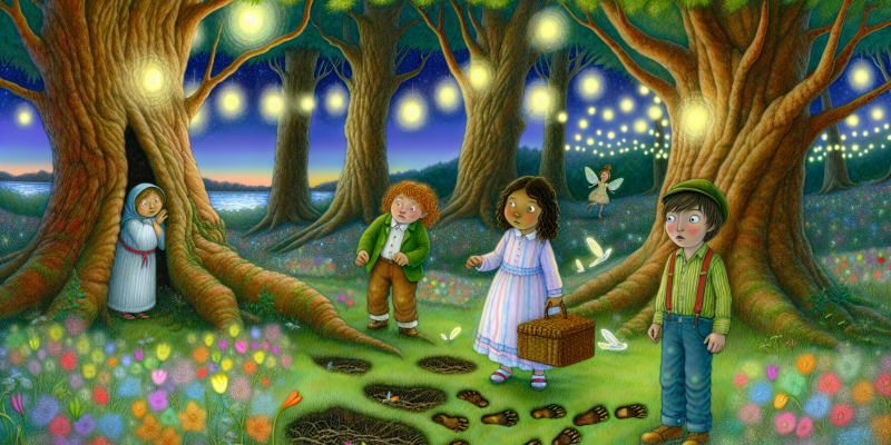 A whimsical forest clearing illuminated by glowing lanterns hanging from ancient trees, with colorful forest sprites fluttering around, and three children—one girl with a determined expression, a curious boy examining tiny footprints, and a kind-hearted girl holding a picnic basket—standing in awe, surrounded by vibrant wildflowers and a sparkling creek in the background, under a twilight sky filled with stars.