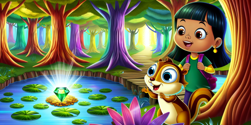 A whimsical illustration of a young girl named Zinnia with bright eyes and a backpack, standing at the edge of a magical forest filled with tall, colorful trees. Beside her is a cheerful squirrel named Nutmeg. In the background, a glowing pond with a radiant gem resting on a lilypad can be seen, surrounded by vibrant wildflowers and dappled sunlight filtering through the leaves. The atmosphere is enchanting and filled with a sense of adventure.