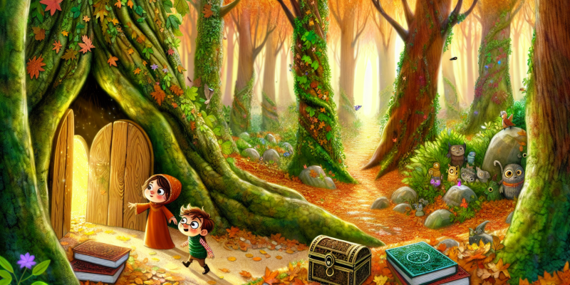 A whimsical illustration of a vibrant, enchanted forest with tall, colorful trees, a winding path covered in autumn leaves, and a curious little girl with auburn hair and a cheerful boy with freckles, discovering a hidden wooden door at the base of a giant ancient oak tree. The scene is filled with magical creatures peeking from behind the trees and a glowing treasure chest overflowing with handmade journals. Sunlight filters through the leaves, creating a warm, inviting atmosphere.