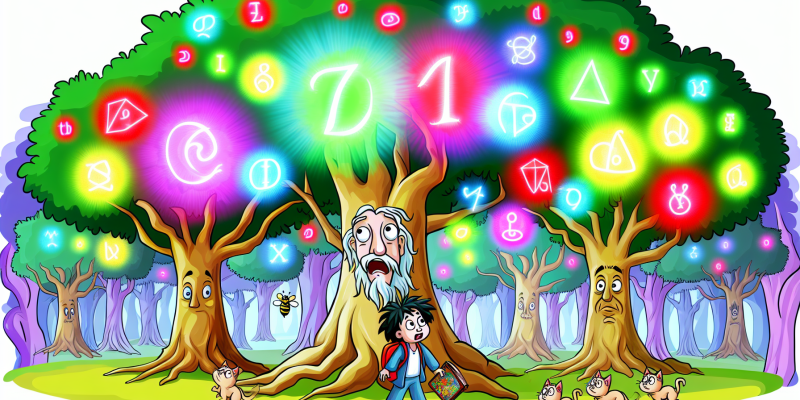 A whimsical forest filled with giant trees shaped like letters of the alphabet, glowing softly in various colors. A curious boy with tousled hair, holding a glowing map, stands at the base of a massive "Z" tree, which has a wise, ancient face. Surrounding him are playful cats near a "C" tree and buzzing bees near a "B" tree, with a magical, enchanting atmosphere.